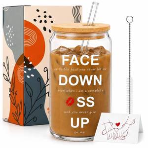 lot 1617 image: TOJIA Hidden Message Glass Cup 16 Oz with Bamboo Lid and Straw