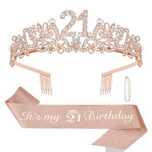 lot 2123 image: Semato 21st Birthday Rhinestone Crown and Glitter Sash Set, Rose Gold