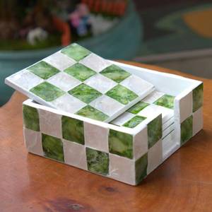 lot 2173 image: Chi An Home Capiz Checkered Drink Coasters Set of 6 with Holder Pistachio Green