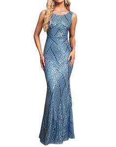 lot 2177 image: YHHOWEP Sequin Mermaid Evening Gown Long Sleeveless Boat Neck Blue XL