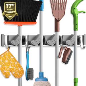 lot 2184 image: Holikme Wall Mount Mop Broom Holder Metal Tool Organizer 4 Slots 4 Hooks Silver