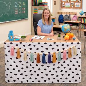 lot 2205 image: Irenare 2 Pcs 6ft Polka Dot Table Skirt and Boho Tassel Garland, Teacher Desk