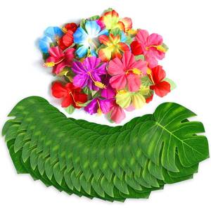 lot 2208 image: UMIKU Luau Party Decorations Tropical Palm Leaves & Hibiscus Flowers 60 Pcs