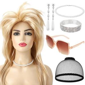 lot 2249 image: JATEBI 80s Rocker Wig for Women Blonde Mullet 6-Piece Costume Set