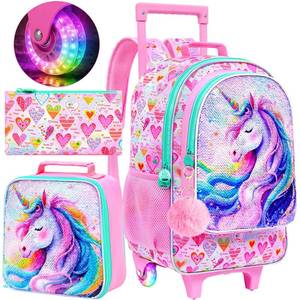 lot 2252 image: WZLVO Kids Rolling Backpack with Wheels, Pink Unicorn, 18 x 12.5 x 6 In