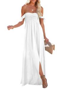 lot 2270 image: Happy Sailed Off Shoulder Maxi Wedding Guest Dress Women Smocked White Large