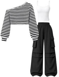 lot 2271 image: Girls Off-Shoulder 3-Piece Knit Top Cargo Pants Set Sizes 10-12