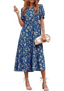 lot 2288 image: PRETTYGARDEN Womens Short Sleeve Midi Floral Dress, Blue Apricot, Size M