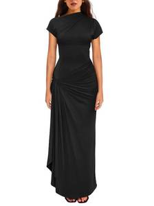 lot 5952 image: YMDUCH Womens Ruched Split Maxi Dress Short Sleeve Black