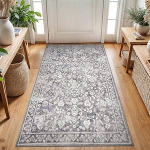 lot 7880 image: SILOLOOM Washable Area Rug 3x5 Non Slip Entryway Mat Gray Floral