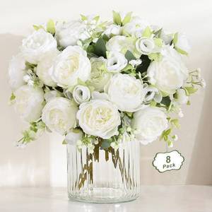 lot 7888 image: Martine Mall Artificial Peonies White Silk Flowers 8 Pack
