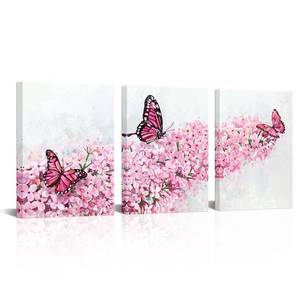 lot 7896 image: HOMEOART Butterfly Flower Canvas Wall Art 12x16 Inch 3 Piece Set Framed Pink