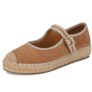 lot 7912 image: RJYLP Womens Platform Mary Jane Espadrille Flats Brown Suede Buckle Strap