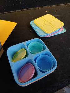 lot 8342 image: Pastel Plastic 4-Compartment Divided Food Storage Trays with Round Containers and Lids