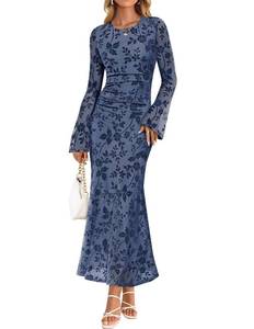 lot 8365 image: ZESICA Women Long Sleeve Floral Fitted Maxi Dress Dusty Blue XL