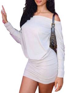 lot 8387 image: HBQ Womens Off Shoulder Long Sleeve Ruched Bodycon Mini Dress White Size M