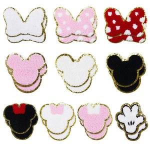 lot 8415 image: 20 Pcs Pink Mouse Chenille Patches Gold Edge Bowknot Iron-On