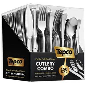 lot 9517 image: 150 Silver Plastic Silverware Set - Disposable Flatware Cutlery - 50 Forks, 50 Spoons, 50 Knives - Heavy Duty Party Bulk