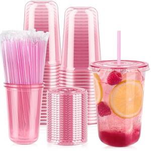 lot 9519 image: Soelomu 50 Pack 16 oz Pink Plastic Cups with Lids and Straws