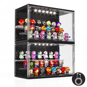 lot 9529 image: Acrylic Display Case for Collectibles with LED Light, 3 Layer Adjustable Figure Display Case with Magnetic Door, Lighted Display Box Stackable Clear Blind Box for Action Figure, Popmart, 2 Pack, Black