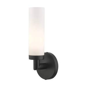 lot 9532 image: Livex Lighting 10103-04 Aero Collection ADA 1-Light Wall Sconce Light with Satin Opal White Glass Cylinder Shade, Black, 4.25 x 11