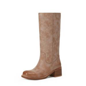 lot 9552 image: Adolilove Mid Calf Boots for Women Chunky Block Heel Women��s Tall Boots Square Toe Comfortable Casual Boots Low Heel Trendy Stylish Boots, Tan, Size 7