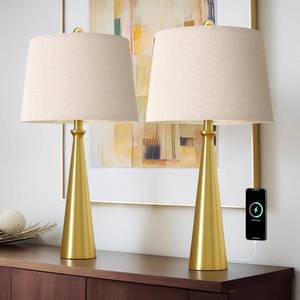 lot 9568 image: Oneach 25.75 Modern Table Lamp for Bedroom Set of 2, USB C Port, Gold