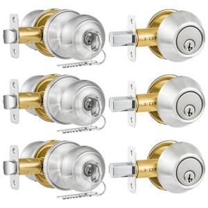lot 9576 image: Plustool 3 Pack Entry Door Lock and Single Cylinder Deadbolt Combo Set, Keyed Alike Satin Nickel Exterior Door Knobs with Lock&Keys, Round Ball Door Locksets with Deadbolt for Entrance and Front Door