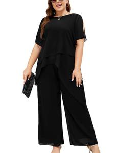 lot 10302 image: ZOMVA Plus Size Dressy Chiffon Pant Suit 2 Piece for Wedding Mother of the Bride Groom Formal Set Elegant Outfit, Black, 3X