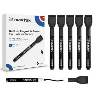 lot 10338 image: maxtek Magnetic Black Dry Erase Markers with Eraser, Fine Tip, 6 Count