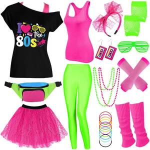 lot 11318 image: VillbeCoser 80s Women Costume Accessories Set 26 Piece Green B-L