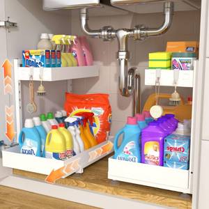 lot 11331 image: Exovyn Under Sink Organizer 2 Pack 2-Tier Metal Pull-Out Drawer White