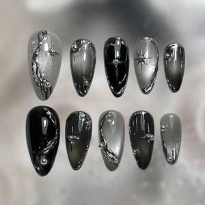 lot 12078 image: BSBTBZ Press On Nails Medium Almond Silver Chrome 3D Metal Design 30 Pcs
