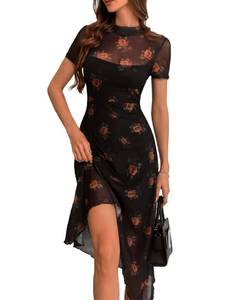 lot 12101 image: GothDark Womens Floral Mesh Irregular Hem Midi Dress