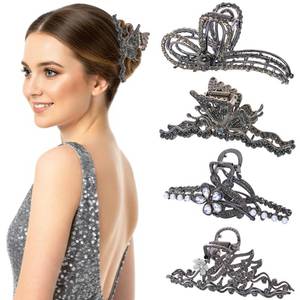 lot 12108 image: Hoojoot 4 Pack Large Black Metal Hair Claw Clips 4.3 Inch Rhinestone Faux Pearl