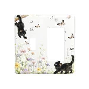 lot 12120 image: Jszwcy 2 Gang Light Switch Cover Plate Black Cats Wildflower Butterfly