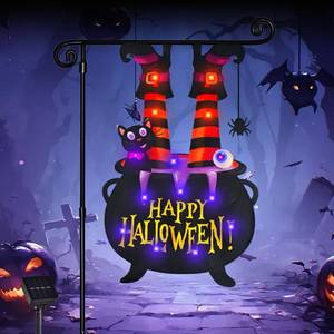lot 12153 image: Halloween Lighted Garden Flag Witch Feet Solar 12x18 In