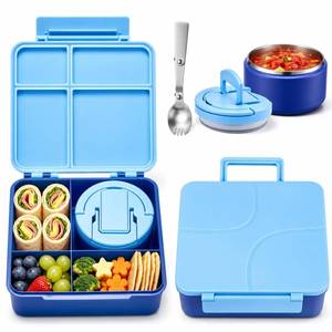 lot 13097 image: Howeemo Bento Lunch Box 4 Compartment with 8oz Insulated Thermo Food Jar Blue