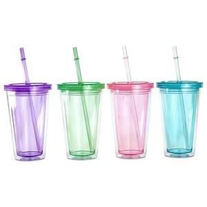 lot 13102 image: KBCLN Double Wall Plastic Tumblers with Lids and Straws 16 oz 4 Pack