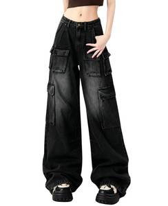 lot 13133 image: Hugboom Womens Baggy Cargo Jeans High Waisted Wide Leg Y2K Medium
