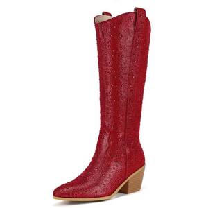 lot 13140 image: IDIFU Cowgirl Knee High Western Boots Red Rhinestone Size 9