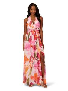 lot 13141 image: Adrianna Papell Womens Floral Chiffon Ring Gown PinkOrange Multi Size 12  Retail $199