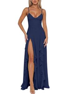 lot 14150 image: BORIFLORS Womens V Neck Spaghetti Strap Maxi Dress XL Navy
