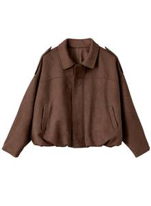 lot 14169 image: EVALESS Faux Suede Cropped Bomber Jacket Women Brown XL