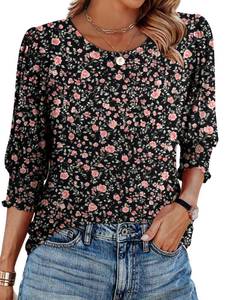 lot 14174 image: Crazy Grid Womens 34 Length Sleeve Crew Neck Floral Print Top, Black Pink, XL