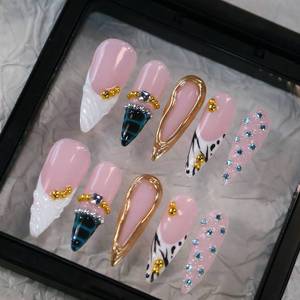 lot 14215 image: MAGLFELL Press On Nails Stiletto French Tip 10 Pcs Gold Beads Blue Rhinestones