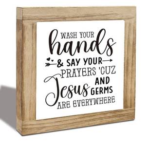 lot 14228 image: Christian Bathroom Wood Sign Wash Your Hands Say Your Prayers