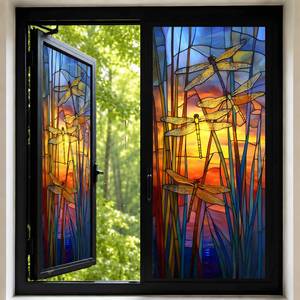 lot 14264 image: Privacy Window Film 17.5 x 38.3 Inches Stained Glass Dragonfly