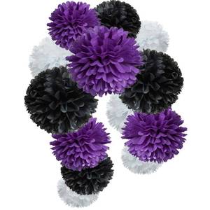 lot 20293 image: MOWO Tissue Paper Pom Poms Paper Flowers Black Purple White 12pc
