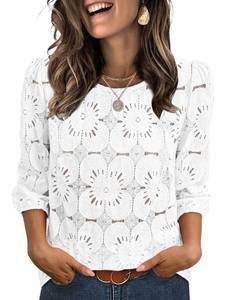 lot 20309 image: Sampeel Women Lace Eyelet Blouse 34 Puff Sleeve Western White L